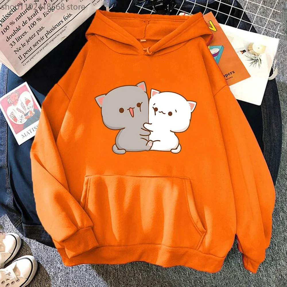 Kawaii Kat Hoodie Perzik Grappige Leuke Sweatshirts Cartoon Print Kleding Vrouwen Esthetische Lente Winter Roze Top Meisjes Capuchon Vrouwelijke