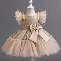 Summer New Girl's Sequin Flying Sleeves Big Bow Mesh Spliced Dress Birthday Party Wedding Flower Girl Princess Dress