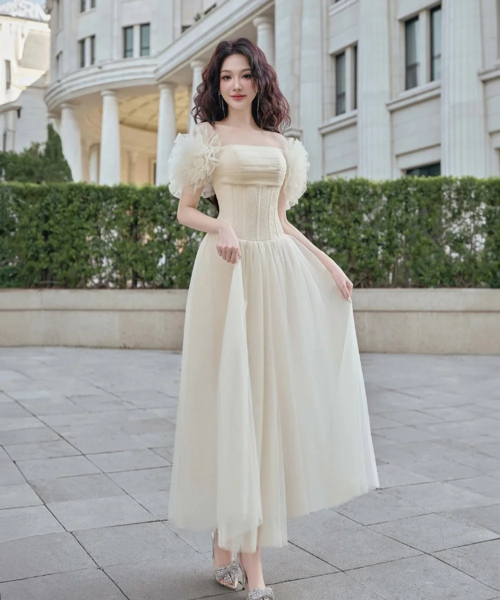 

Customized Exquisite Classic Tulle Pleat Ruched Handmade Flower A-line Off-the-shoulder Midi Dresses Bespoke Occasion Dresses