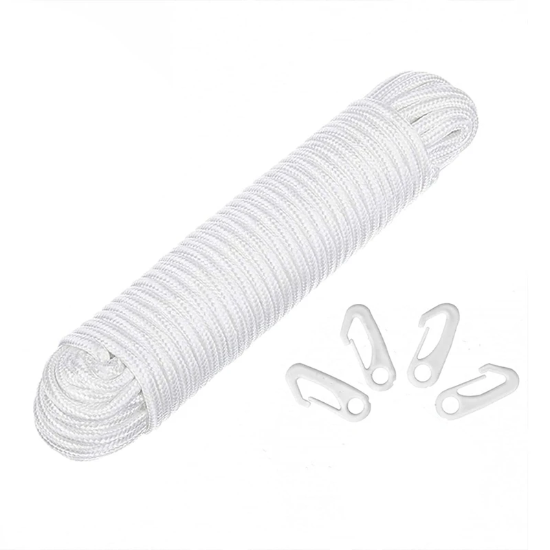 80 Ft 6Mm Nylon Flag Rope,White 24M Double Braided Flag Pole Line With 4Pcs Clips,Washing Line For Hanging Flags/Clothes