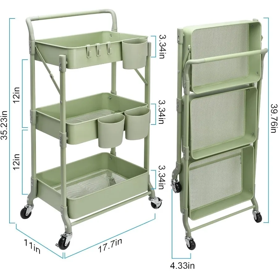 عربة أدوات معدنية قابلة للطي مكونة من 3 طبقات مع قدرات تخزين وتنظيم متعددة الوظائف مثالية للمكتبة المنزلية