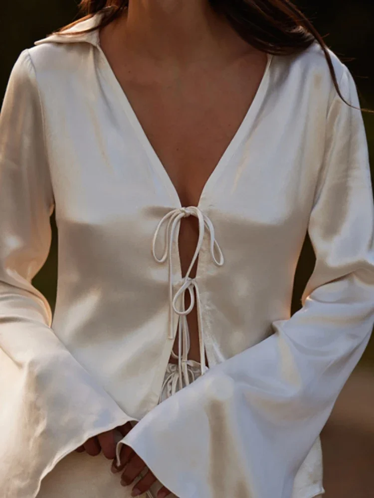 

Sexy Ladies V Neck Lace Up Top And Shorts Two Piece Set Simple Solid Color Satin Homewear Suit Casual Long Sleeved Loose Outfit