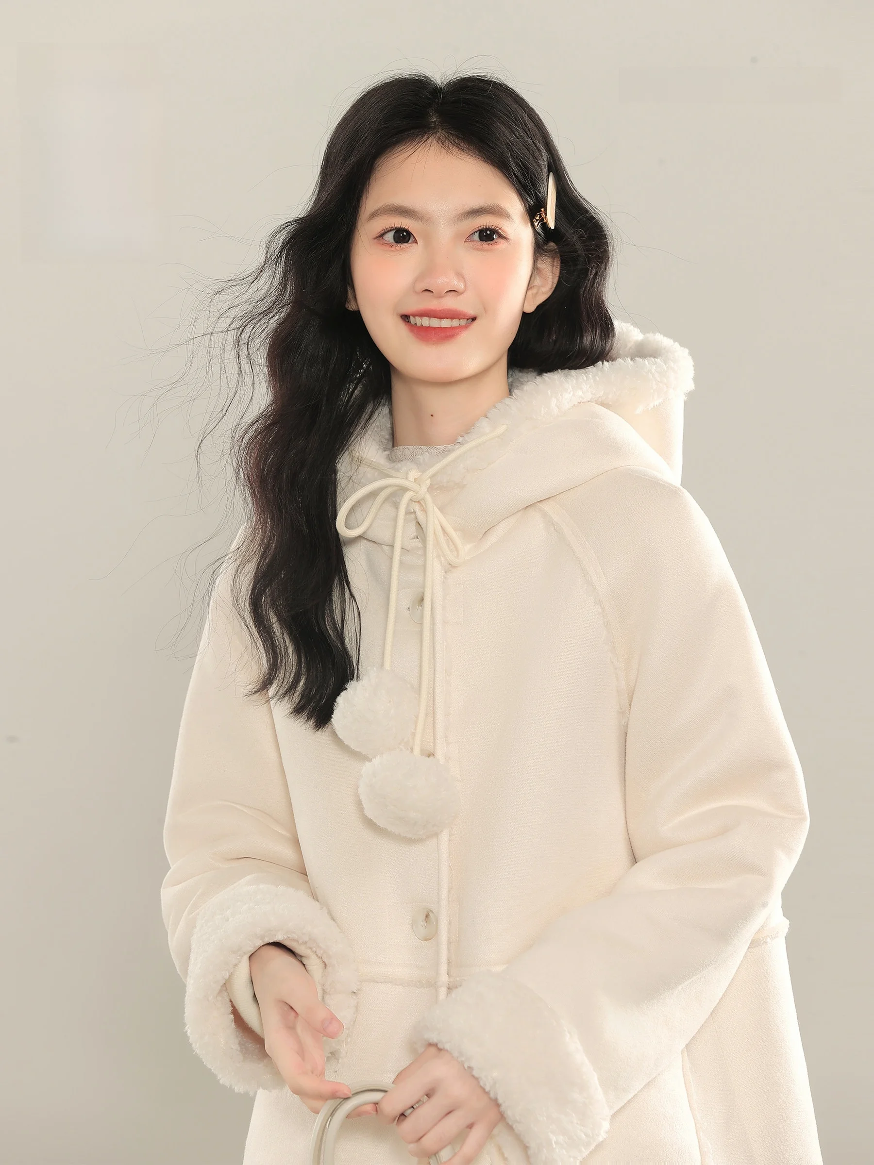 

Lingjiu 2024 Autumn Winter Thiened Lamb Fur Jaet Women's Coat with Hood Deer Suede ular Faion Sweet Sle Pure Color