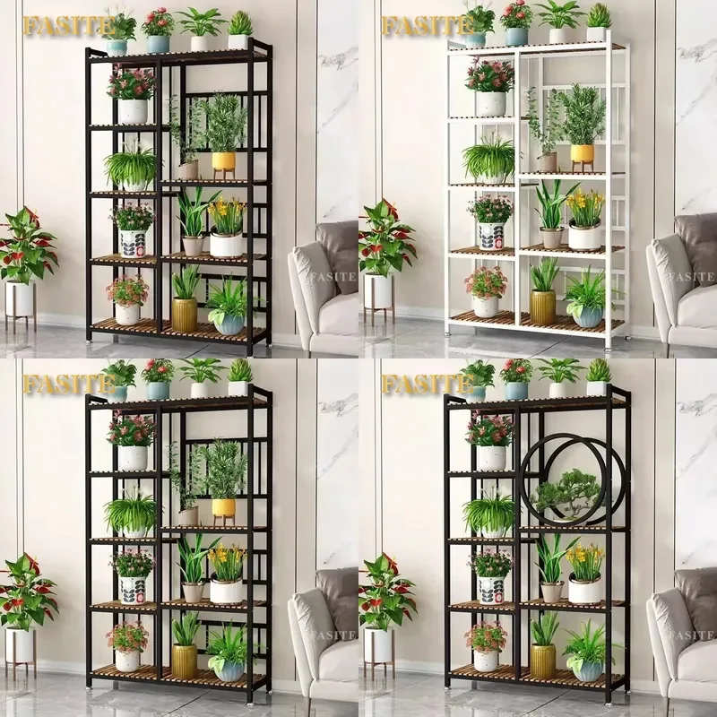 For Balcony Flower Pot Rack Wrought Iron Multi-layer Floor-to-ceiling Solid Wood Indoor Outdoor Plant Stand Household