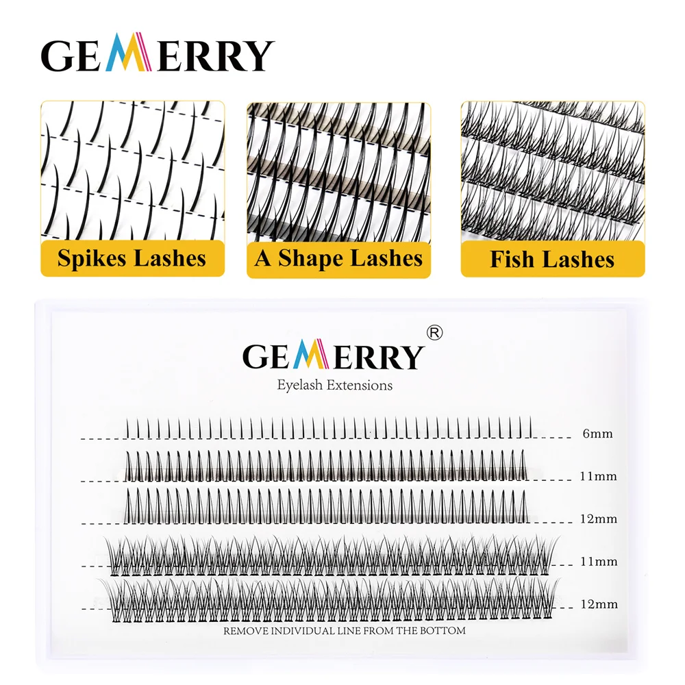 Gemerry DIY Cluster Eyelash Extension A Shape Fishtail Spikes Lashes Mixed Premade Fans Cluster Natural Makeup False Eyelashes