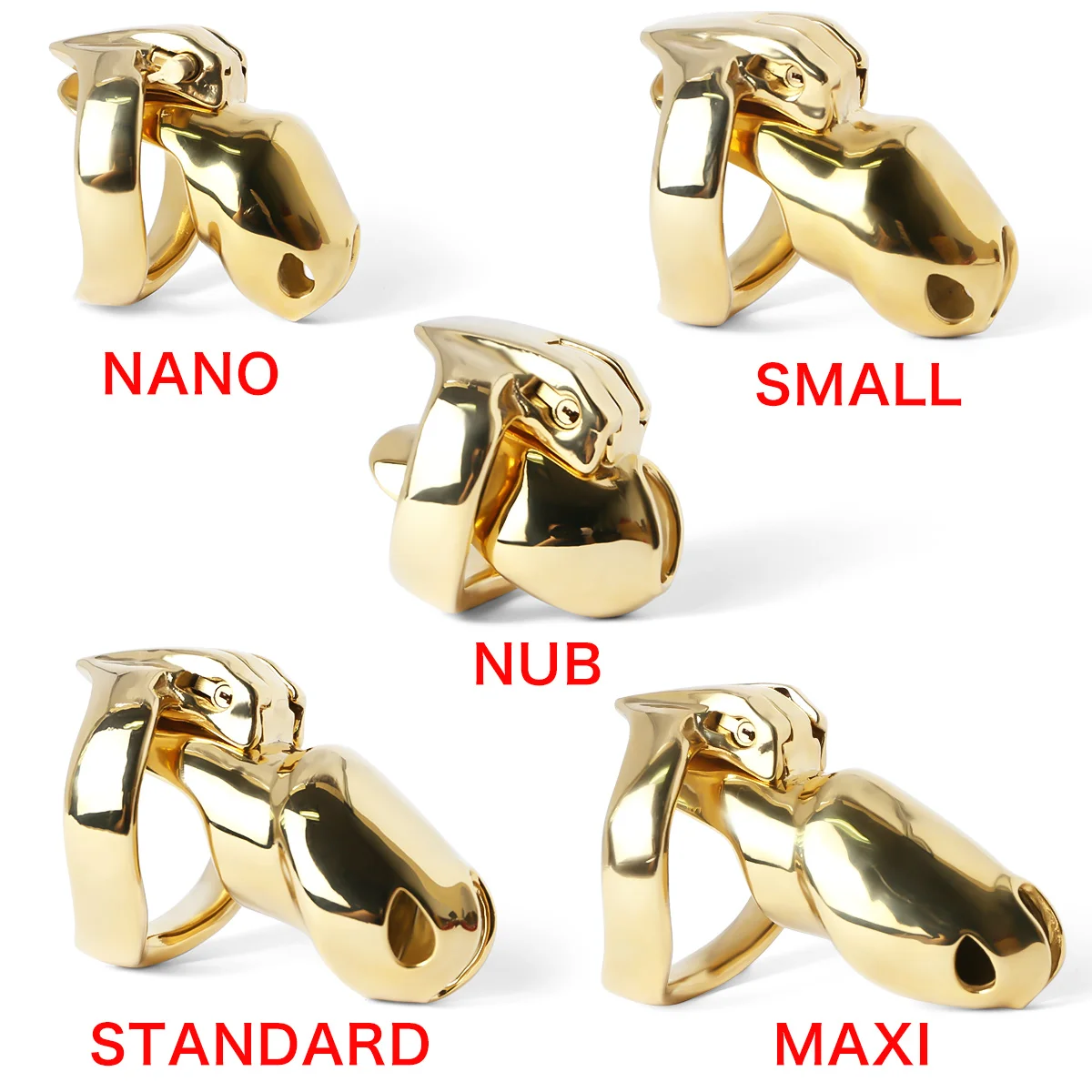 

5 Sizes Gold Plated Cock Cage Set Male Stainless Steel Penis Cage Lock Metal Lockable Chastity Cage BDSM Adults Sex Toys For Men