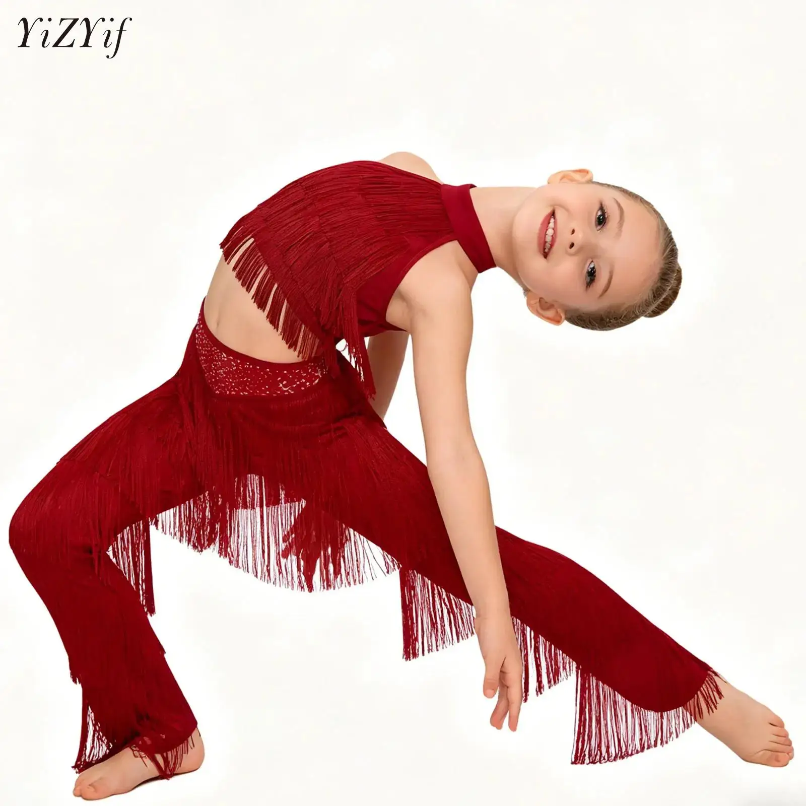 

Kids Girls Salsa Latin Dance Outfit Set Tiered Tassels Sleeveless Vest Crop Top with Pants for Rumba Salsa Dance Show Training