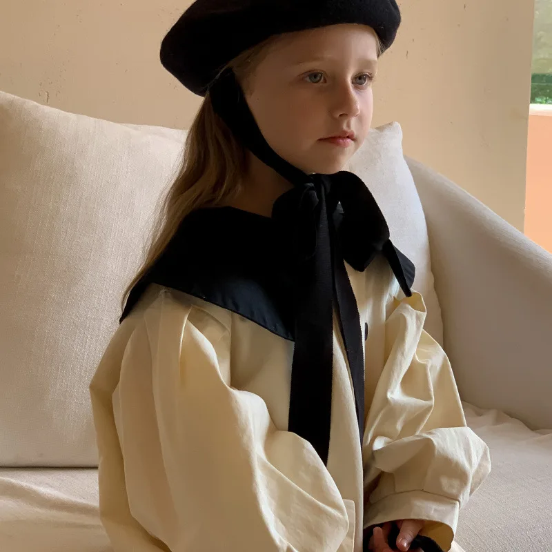 

Korean Children's Clothing Spring Style Girls' Stylish Loose Coat Mid-Length Trench Coat Baby College Style Turn-Down Collar Ove