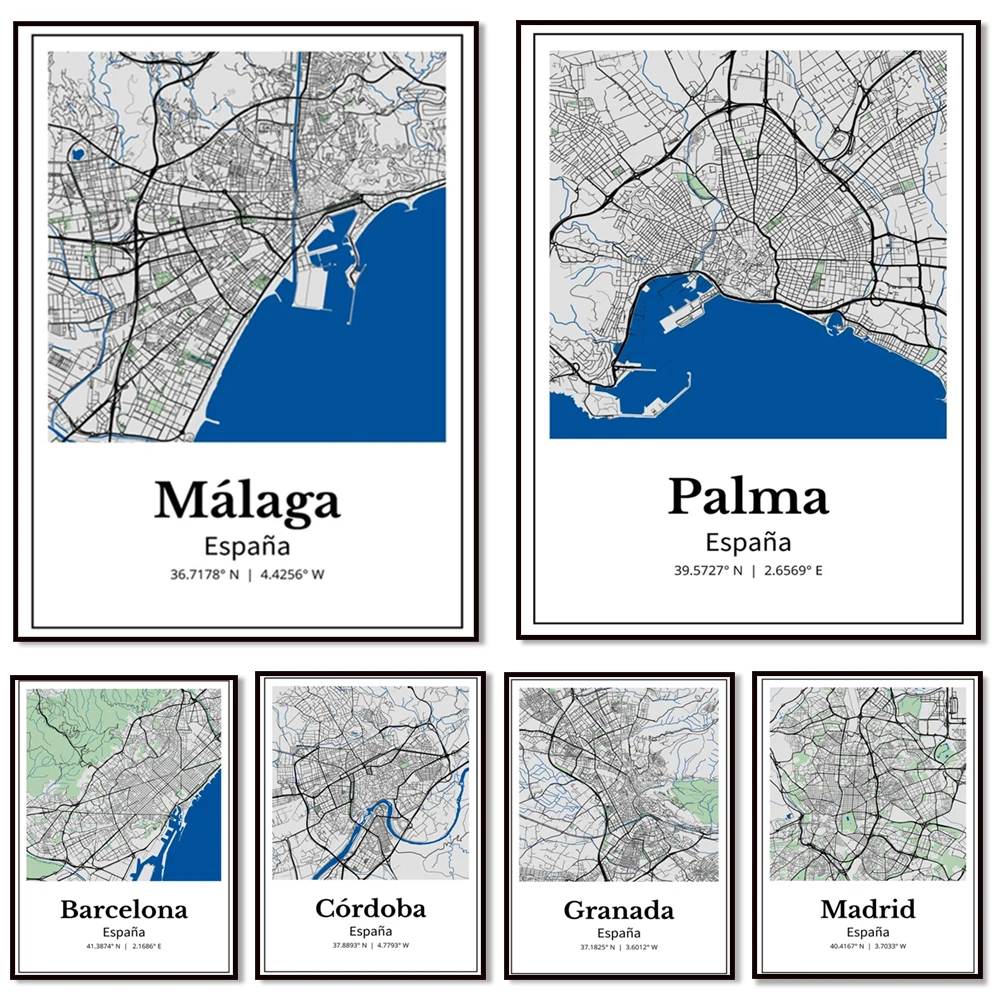 España Bilbao, Madrid, Sevilla, Cordoba, Malaga, Zaragoza, Palma de Mallorca, Valencia, Granada mapa cartel decoración de pared del hogar