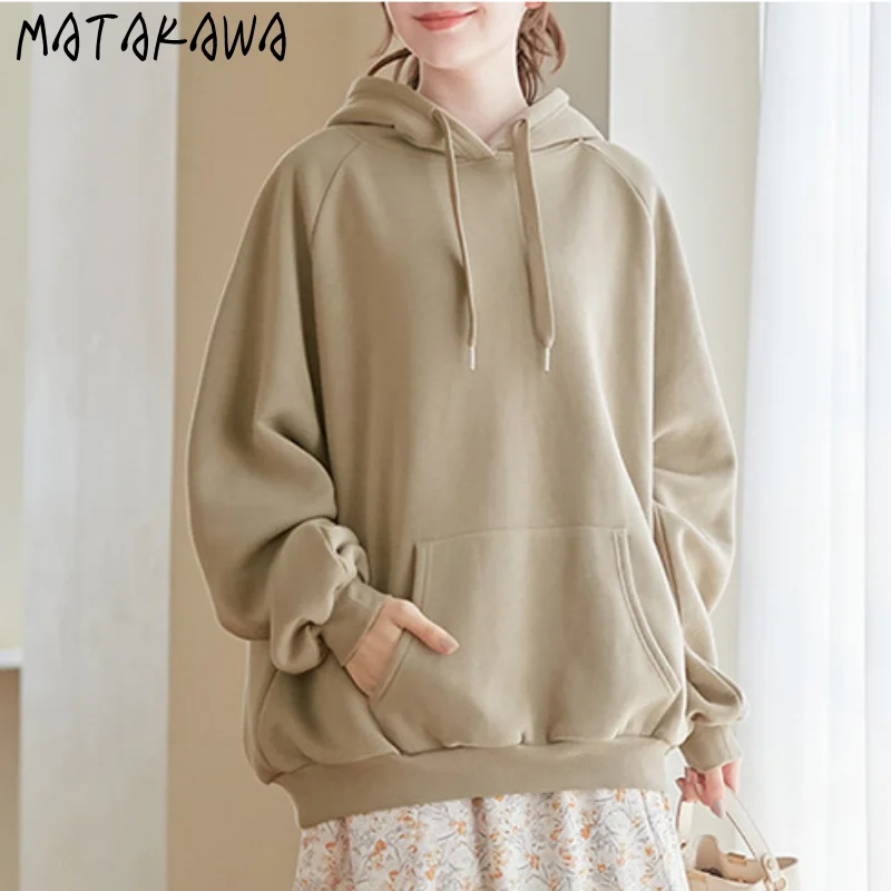 

Matakawa Japan Style Solid Fleece Thick Hoodie Autumn Winter All Match Simple Casual Women Hoodies Hooded Warm Sweatshirts