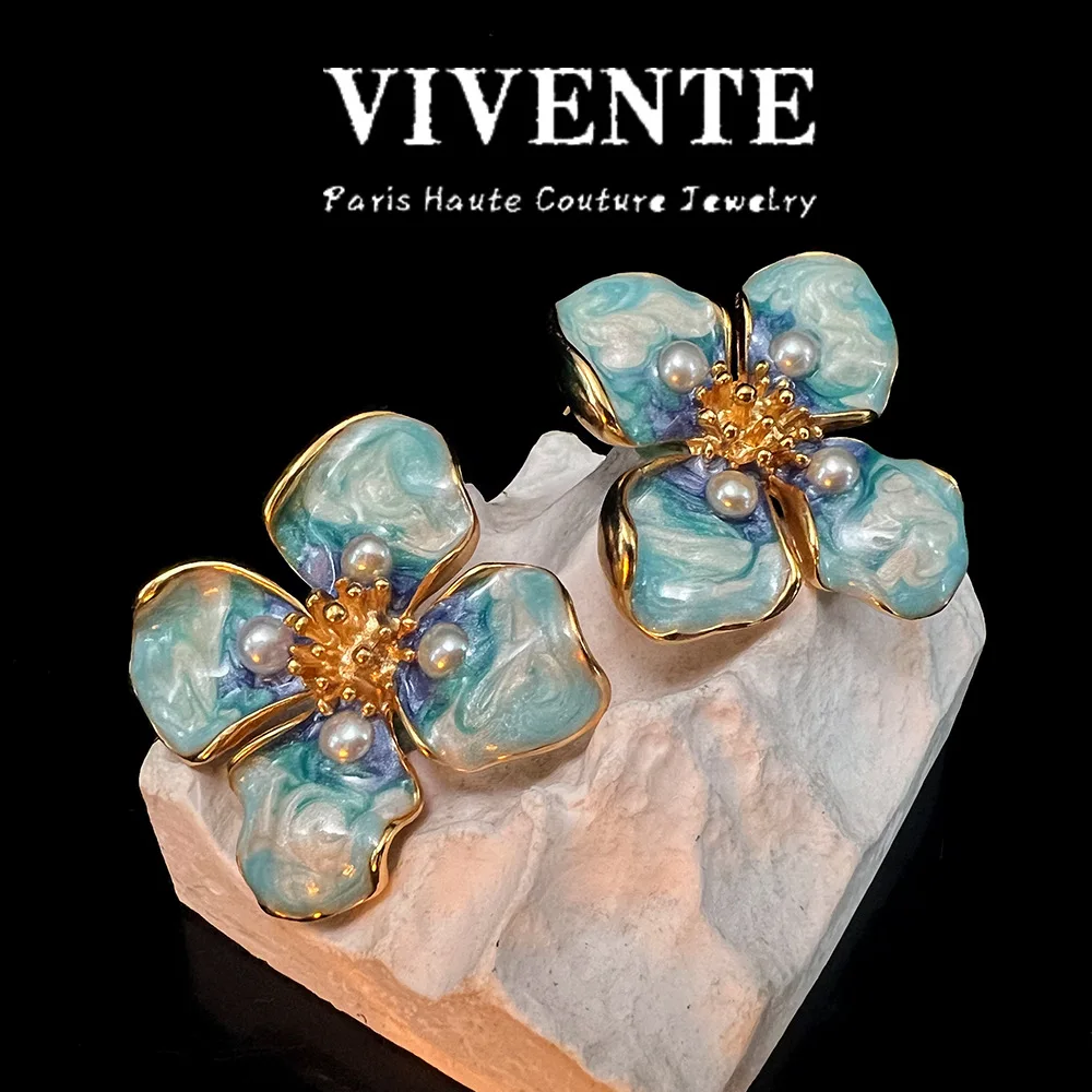 French enamel flowers color plated real gold earrings niche design retro antique earrings women