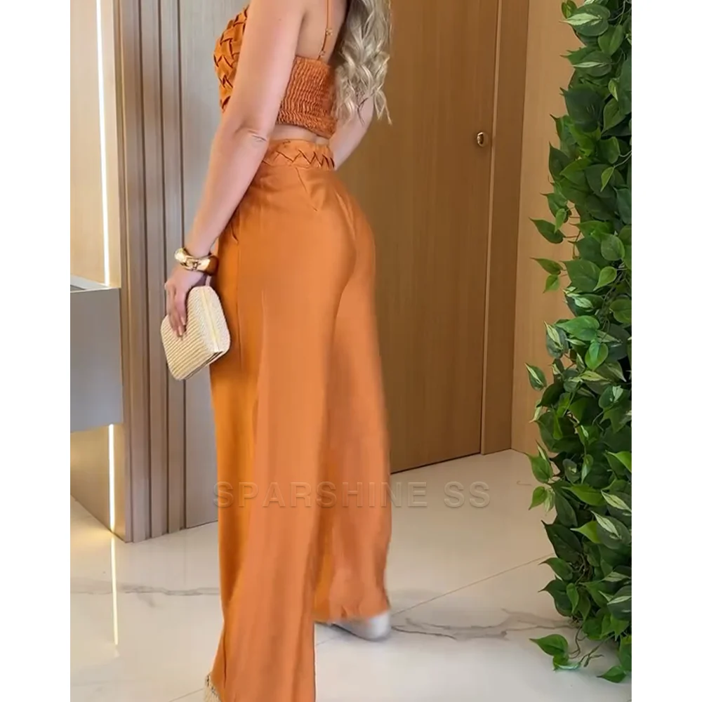 Women's Casual Sling Two Piece Set Sleeveless Straps Top with Wide Leg Straight Leg Long Pants Loose Fit Daily Streetwear Outfit