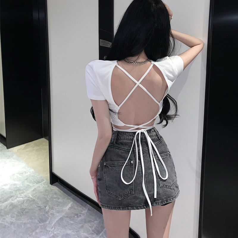 90s Summer Sexy Backless Tie Up Bandage Crop Top Women Short Sleeve Vest Tee Fashion Casual Hollow Out Slim Tank Top Y2K Clothes