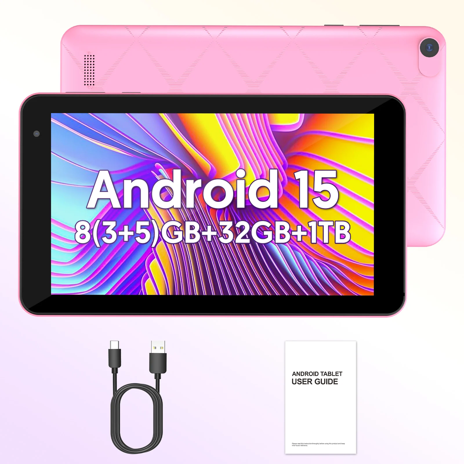 7-Zoll Android 15 Tablet, 8GB (3+5) RAM, 32GB Speicher, 3500mAh Akku, HD 1024x600 IPS Display, Dual-Kameras, WLAN, Bluetooth