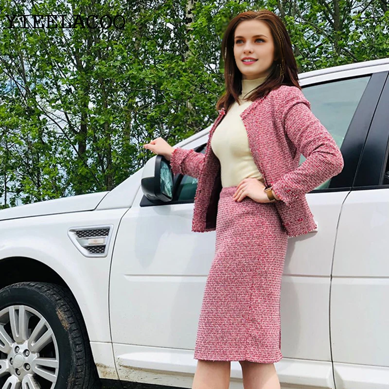 

Красный твидовый пиджак + костюм с юбкой Профессиональный весенне-осенний женский пиджак Деловой женский костюм с юбкой из двух предметов (разрез юбки)