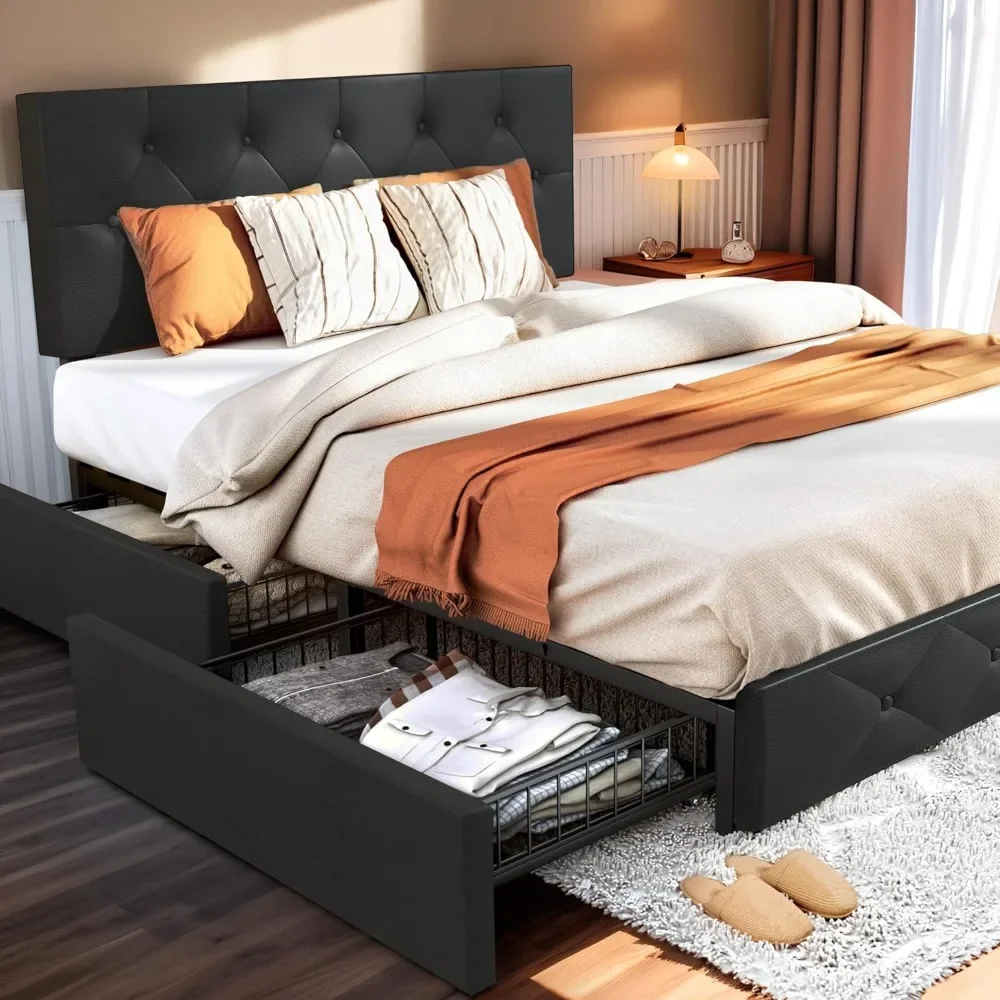 

Bed Frame with Headboard Storage Drawers of 4 Upholstered Bed Frame Platform Adjustable Headboard Wooden Slats Support