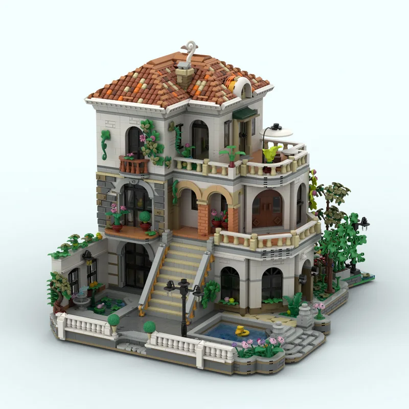 

Модель средиземноморской тосканской виллы MOC с терракотовой крышей и садом, архитектурный конструктор для 245814 moc