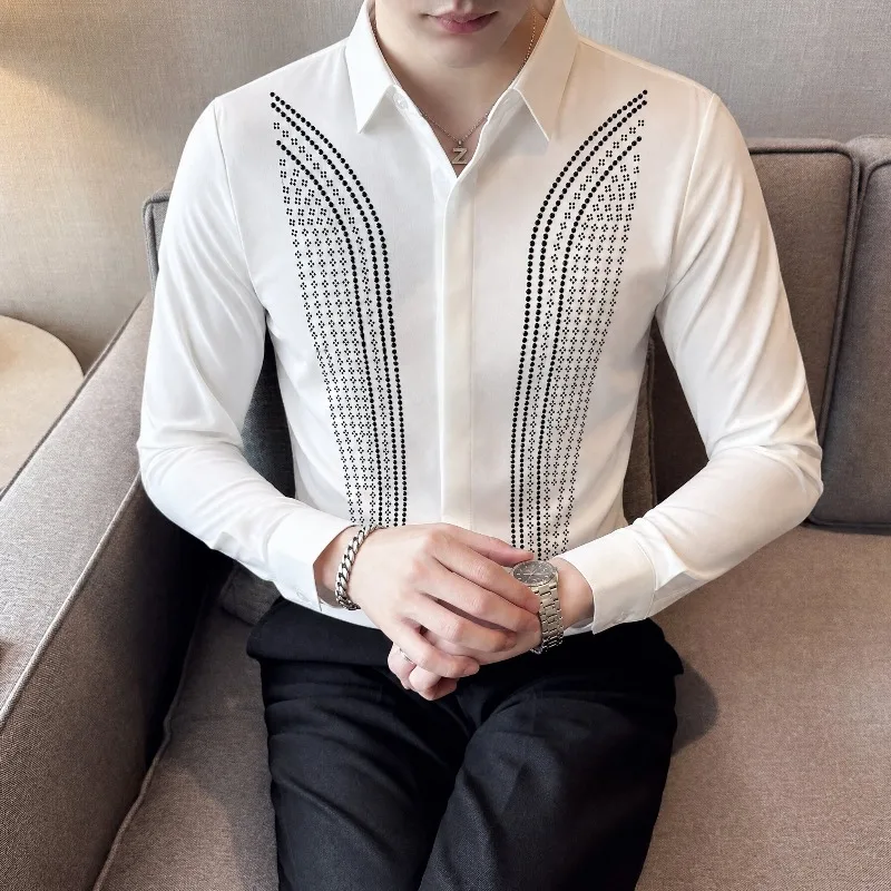 Luxury Rhinestone Long Sleeved Shirt for Men Slim Fit Business Social Formal Shirts Stage Performance Party Banquet Costumes