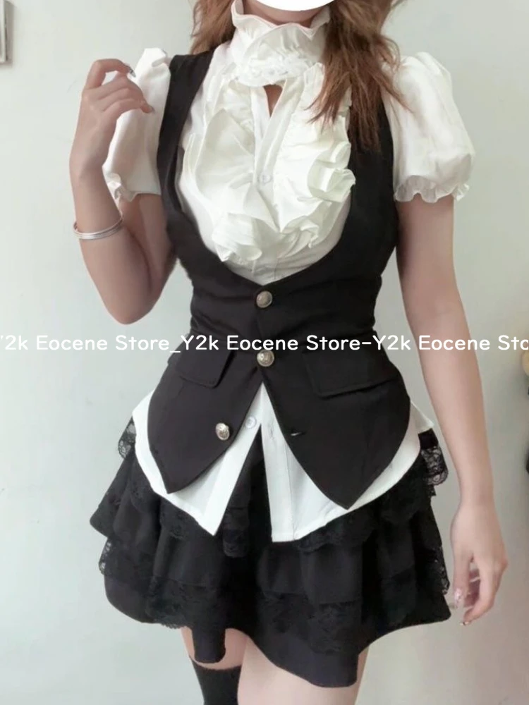 Y2k Black Gothic Retro Chic Outfit Women Bubble Sleeve Shirt + Slim Vest + Mini Cake Skirt New Vintage Fashion 3 Piece Suit 2025 image 6