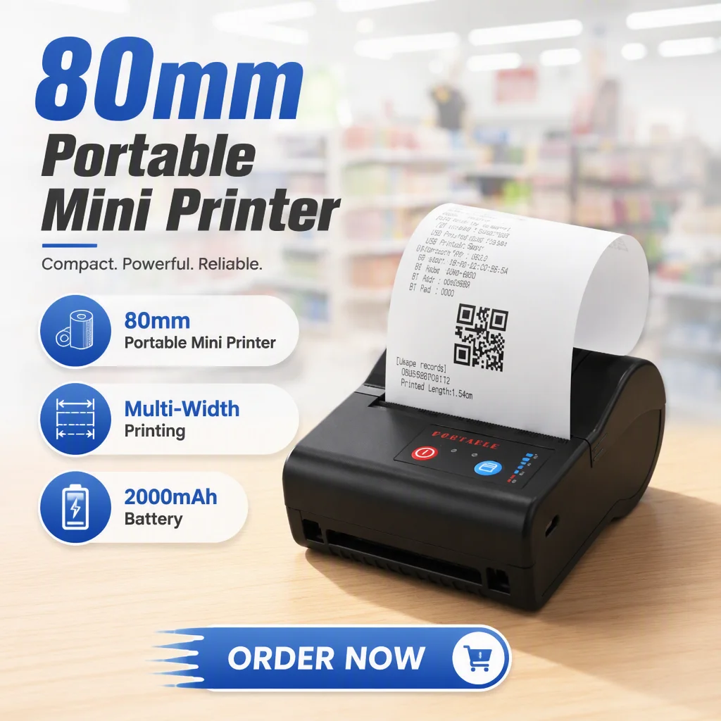 80mm Mini Thermal Receipt & Label Barcode Printer with Rechargeable Battery Wireless Bluetooth Imprimante Portable Thermique