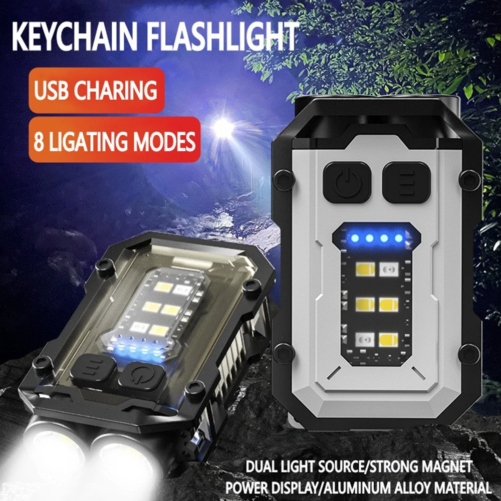 Mini Portable Keychain Flashlight Type-c Rechargeable EDC Torch with Magnet 8 Modes Powerful Work Light Camping Pocket Lantern