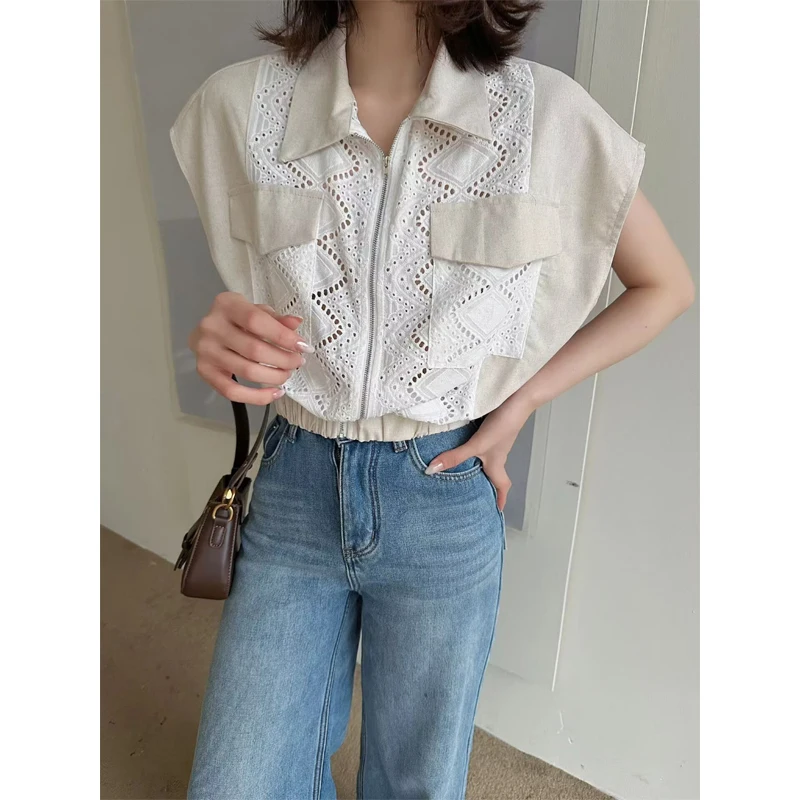

Korean Style Zipper Shirt Women's Sleeveless Summer New Hollow out Embroidery Lace Slimming Hollow Collar Top Fashionable