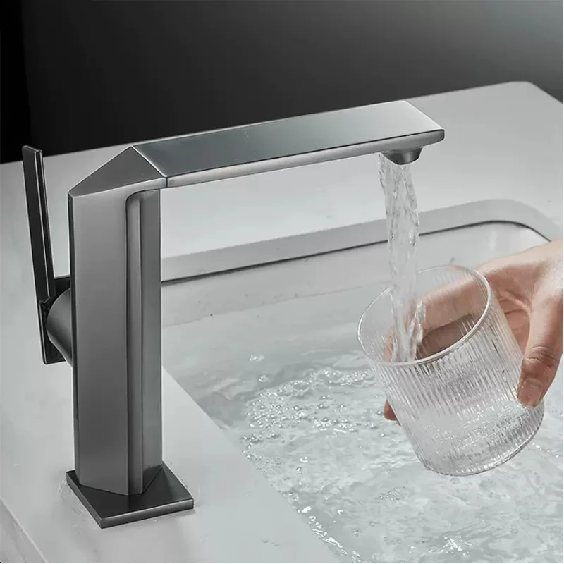 Brushed gold bathroom faucet, brass basin faucet, hot and cold bathroom sink faucet, gray