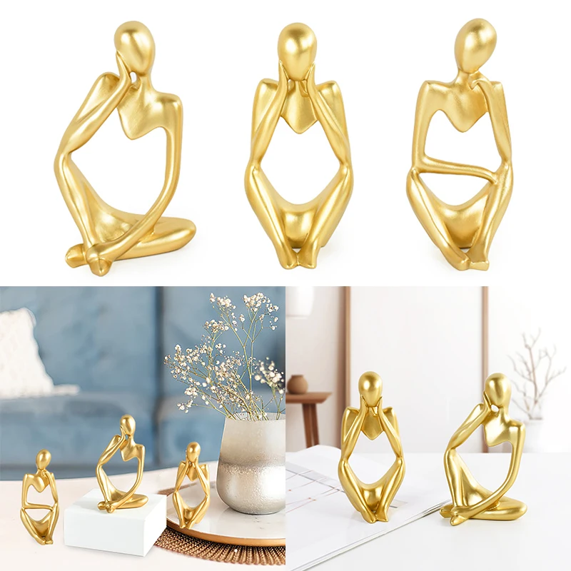 Golden Thinker Statues Table Decor Abstract Art Resin Sculpture Gold Figurines for Home Living Room Office Shelf Decorations