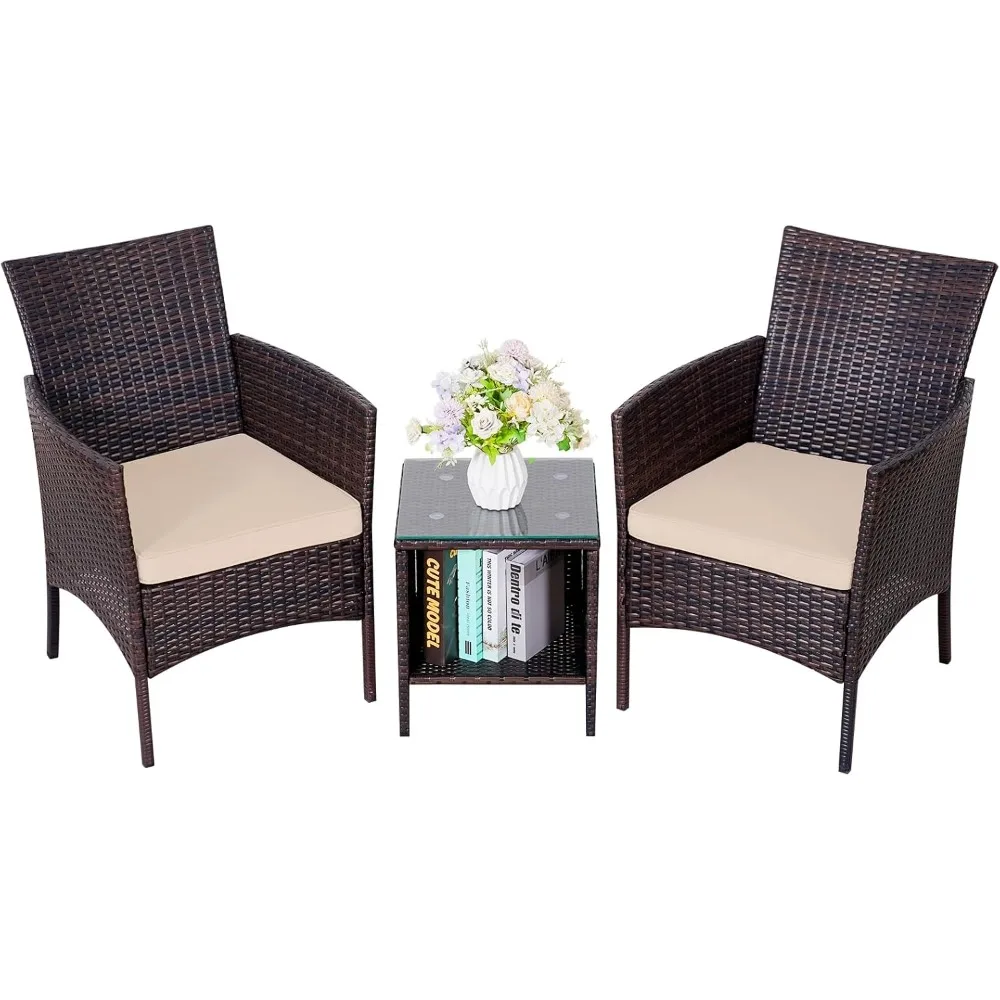 Patio Porch Furniture Conversation Sets 3 Pieces Rattan Wicker Chairs with Table Outdoor Garden Furniture Sets Patio with Coffee