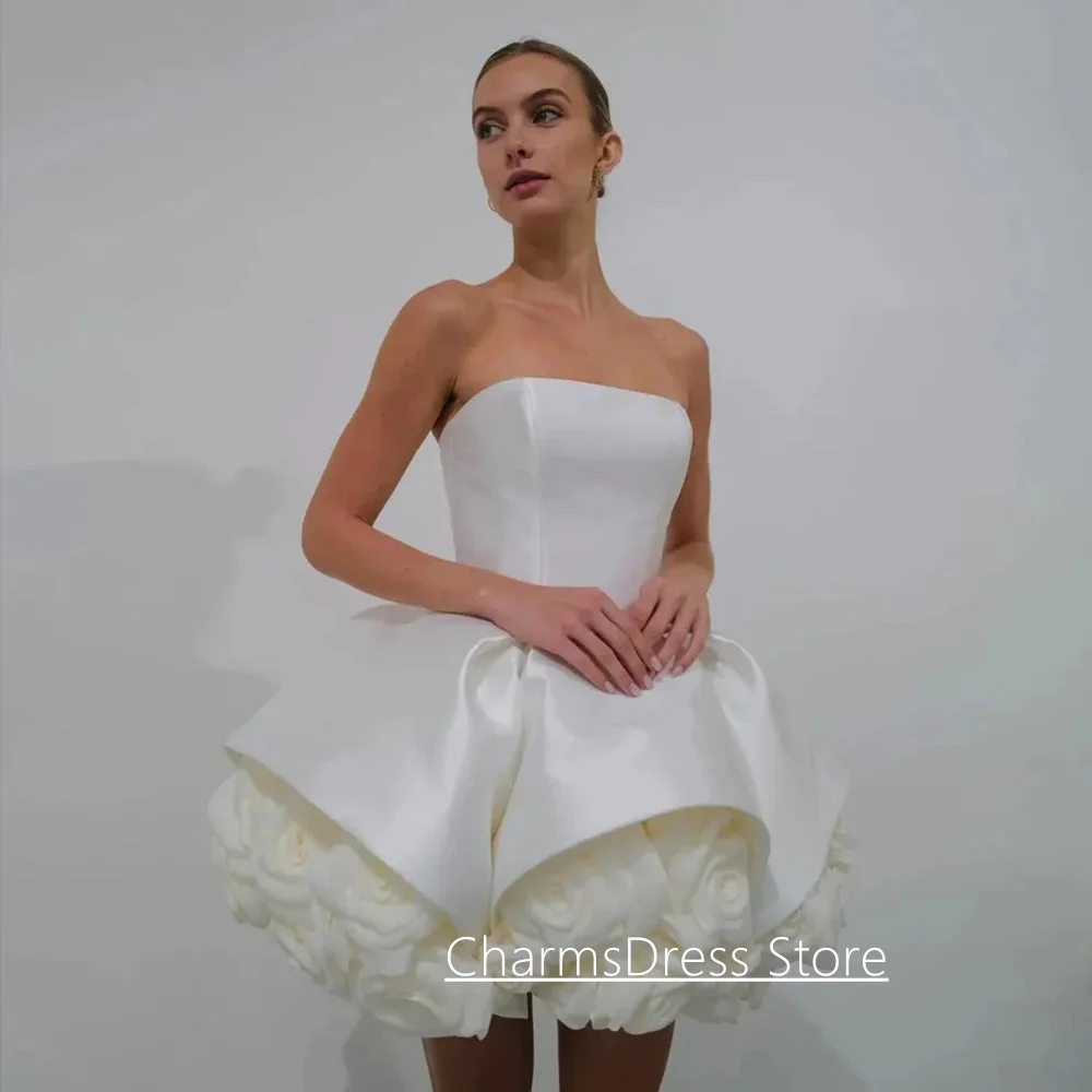 Vestido de noite curto com flores, personalizado, sem alças, sem mangas, vestido branco, arábia saudita, mini vestidos de festa de coquetel