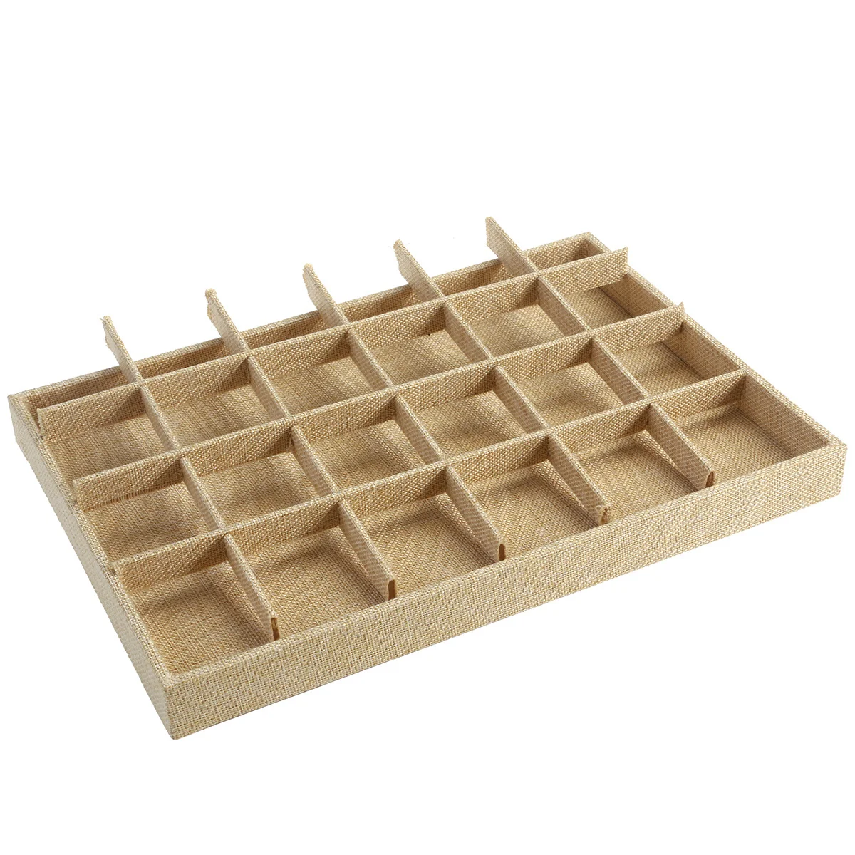 24-Grid Linen Wood Jewelry Ring Display Storage Box Organizer Holder Dustproof Case for Personal Business Use Dressing Table