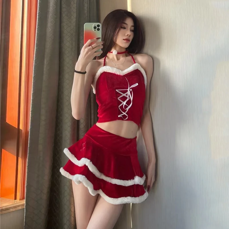 Tenue de Noël haut rouge sexy, jupe du père Noël, costume de cosplay, performance de fête de Noël, photosho18e, uniforme tentant PureDesire