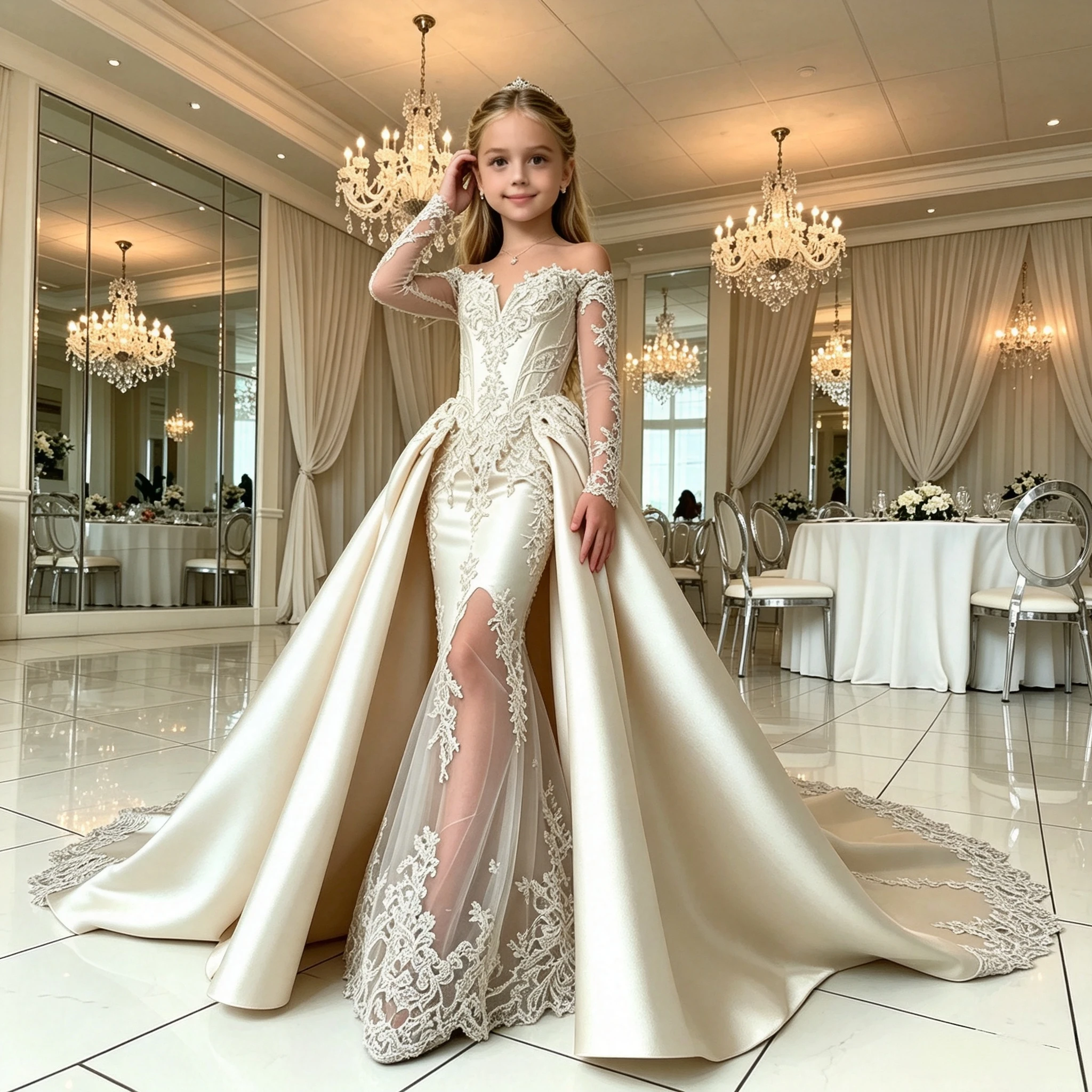Luxury Ivory Lace Mermaid Flower Girl Dress Long Sleeves Off‑Shoulder Train Princess Dress for Kids Bridesmaid Gala Party