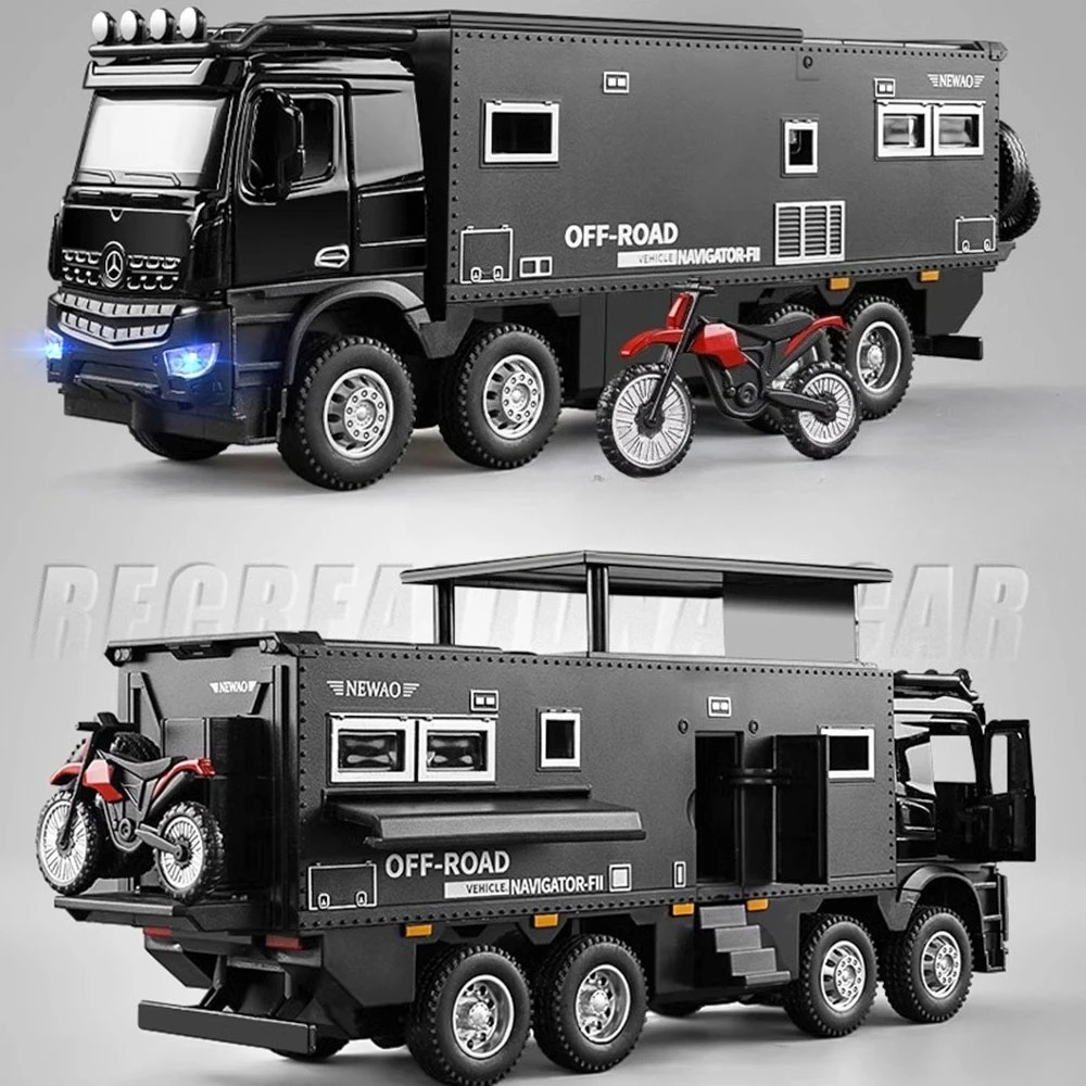 

Масштаб 1:24, модель внедорожника, миниатюрные игрушки для автофургона, металлические литые под давлением звуковые и светлые двери, открытые откатные модели автомобилей для кемпинга для мальчиков