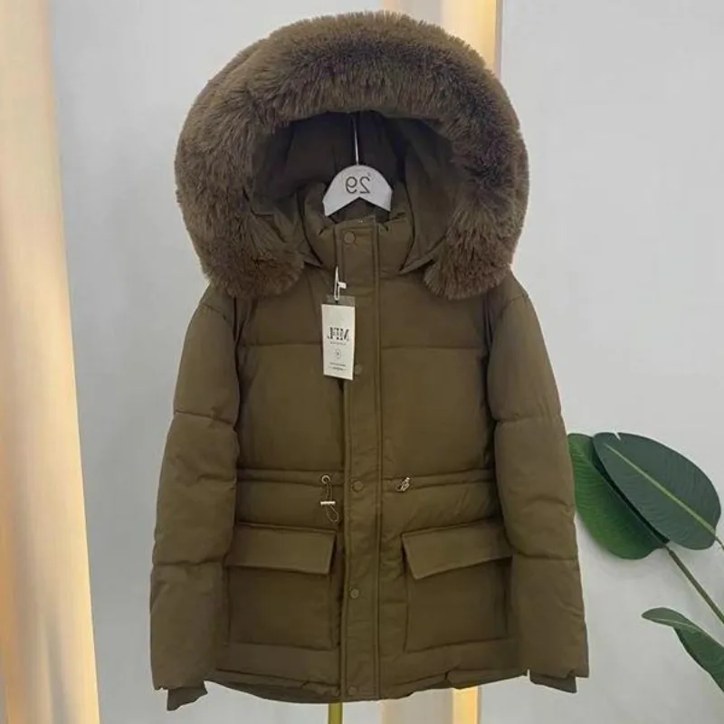 

2025 New Down Cotton Jacket Women's Winter Short Style Drawstring Thickened Hooded Big Hair Collar Coat Female Clothing