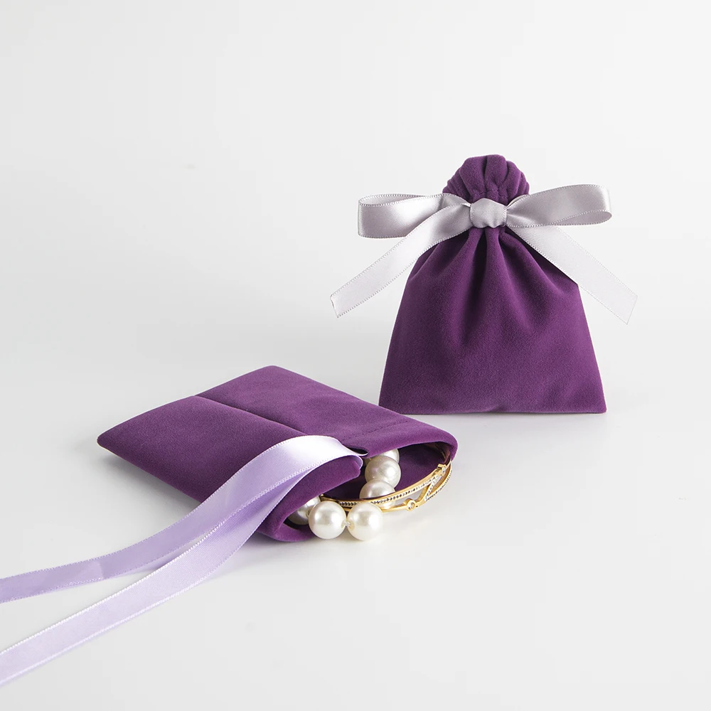 Bolsas de almacenamiento para exhibición de Joyas, embalaje de dulces, bolsas de cinta de terciopelo, polvo, cordón de viaje, púrpura, 10 piezas