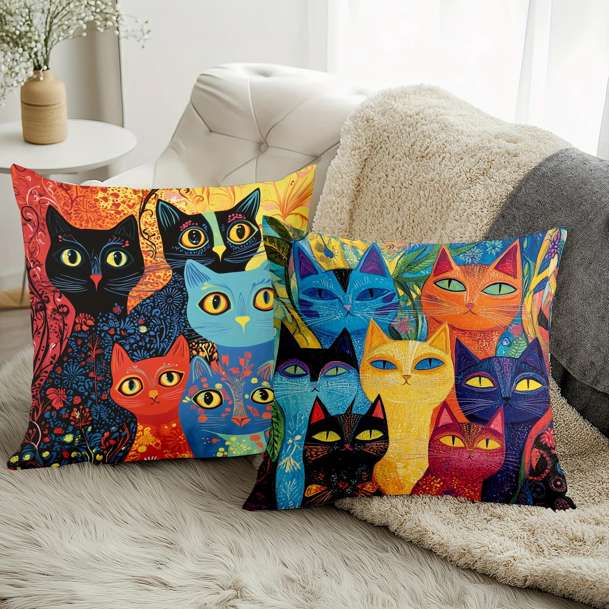 4 piezas  fundas almohada  gato divertido - Diseños  gato  dibujos animados vibrantes, tejido poliéster, con crema
