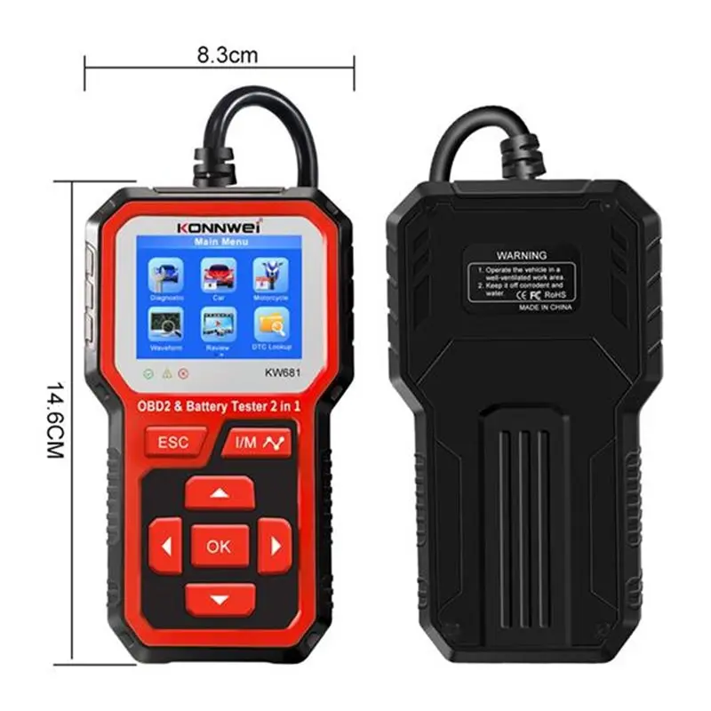 DT42-KONNWEI KW681 OBD2 Car Battery Tester 6-12V 2 In 1 OBD2 Scanner Tool Supports 9 Language Fault Diagnosis Functionality