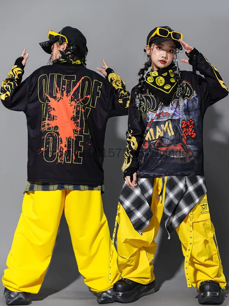 

Girls K-pop Vest Sweatshirt Yellow Pants Street Dance Clothes Sets Cool Hip Hop Jazz Costumes Group Streetwear Stage Show Outfit