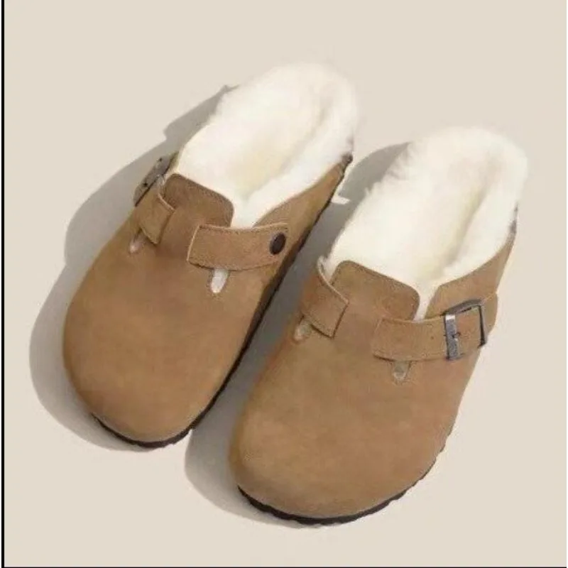 Fur Classic Clogs Women Winter Fashion Cork Insole Plush Slipper with Arch Support Cozy Home Furry Suede Mules Outdoor Slippers