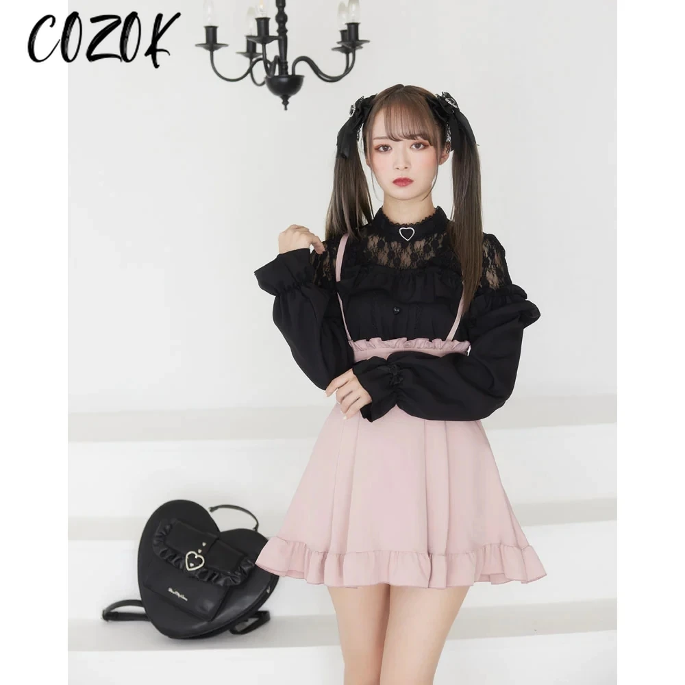 Autunno nuove camicie giapponesi carino Lolita dolce pizzo splicing fiocco amore fungo bordo camicetta a maniche lunghe ragazze che toccano la camicia Camisas