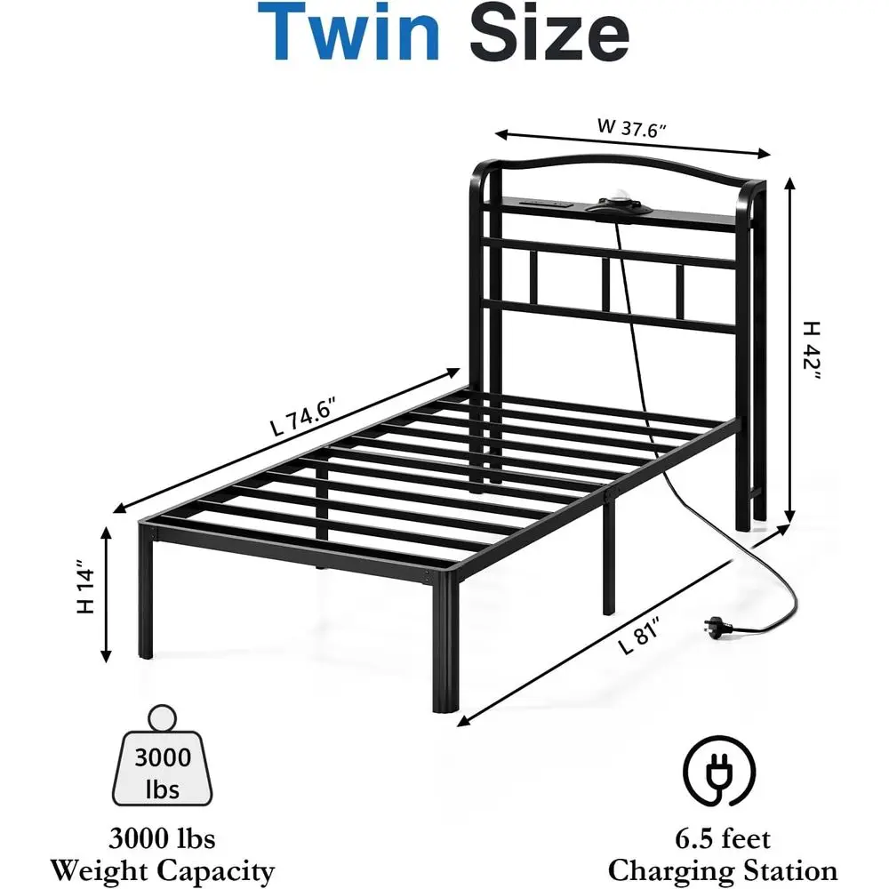 14 Metal Platform Bed Frame with Twin Storage Headboard, Charging Station & Aurora Projector, Box Spring-Free, Easy Assembly, Qu