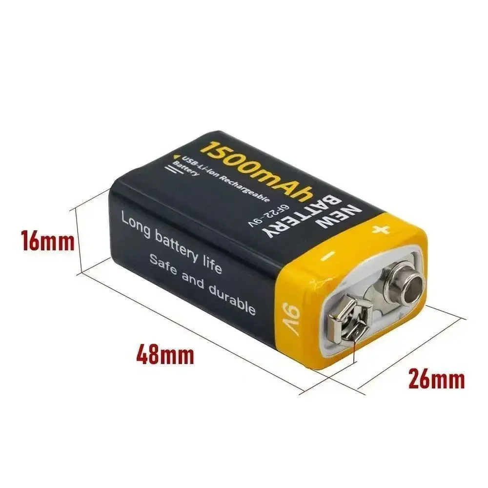 프리미엄 품질 9V USB 충전식 리튬 이온 배터리, 1500mAh 타입-C 충전, 마이크, 장난감, 미터 등에 적합