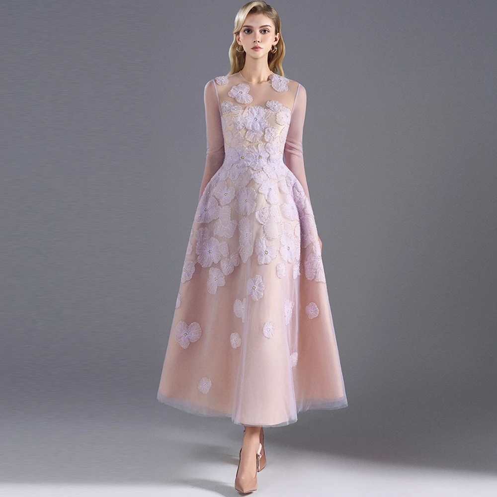

Exquisite Tulle Evening Dress Graceful O-Neck Appliques Prom Dresses Fashion Long Sleeves Customized Special Occasion Gowns