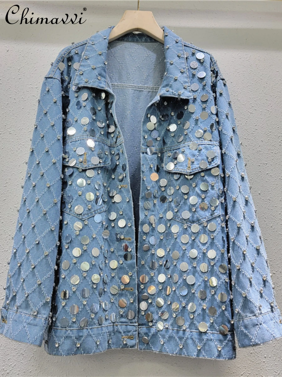 

Exquisite Rhinestone Sequined Denim Coat Female Spring and Autumn New Diamond Lattice Top Loose Long Sleeve Jackets Jean Coat