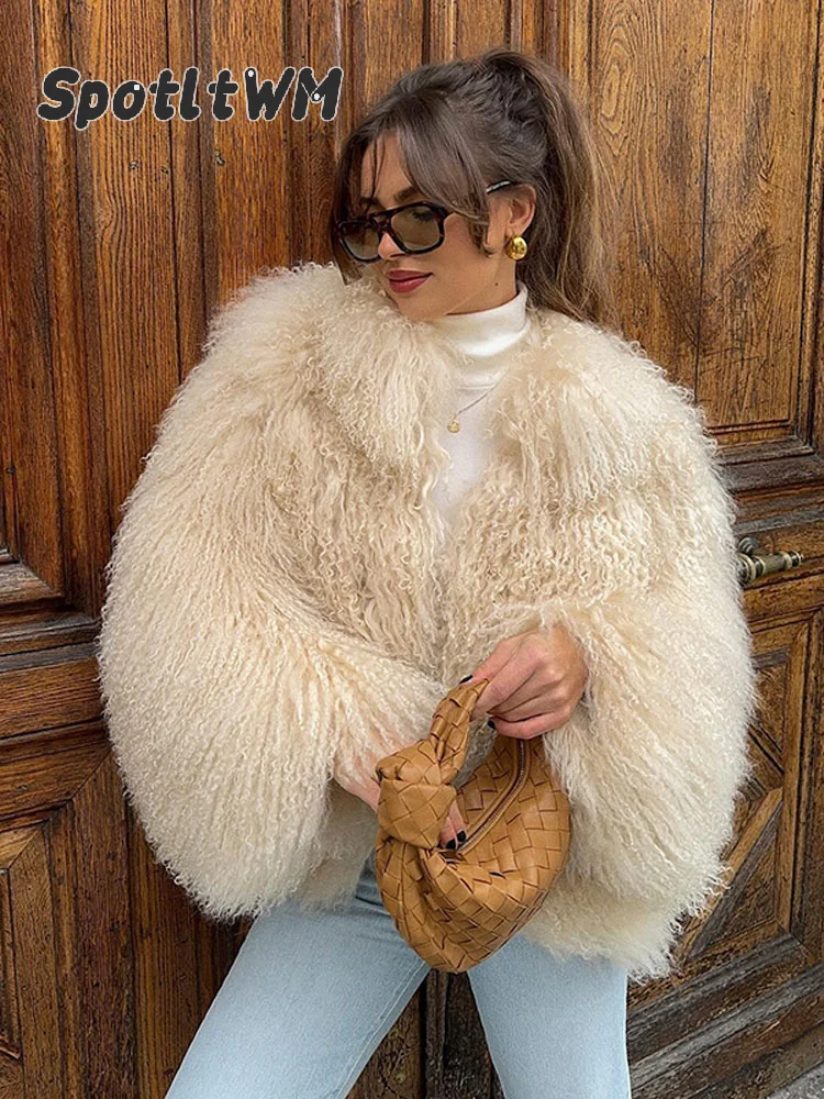 Fashion Women Fluffy Faux Fur Coat Elegant Warm Long Sleeves O Neck Loose Short Jacket 2024 Female Winter High Street Outerwear