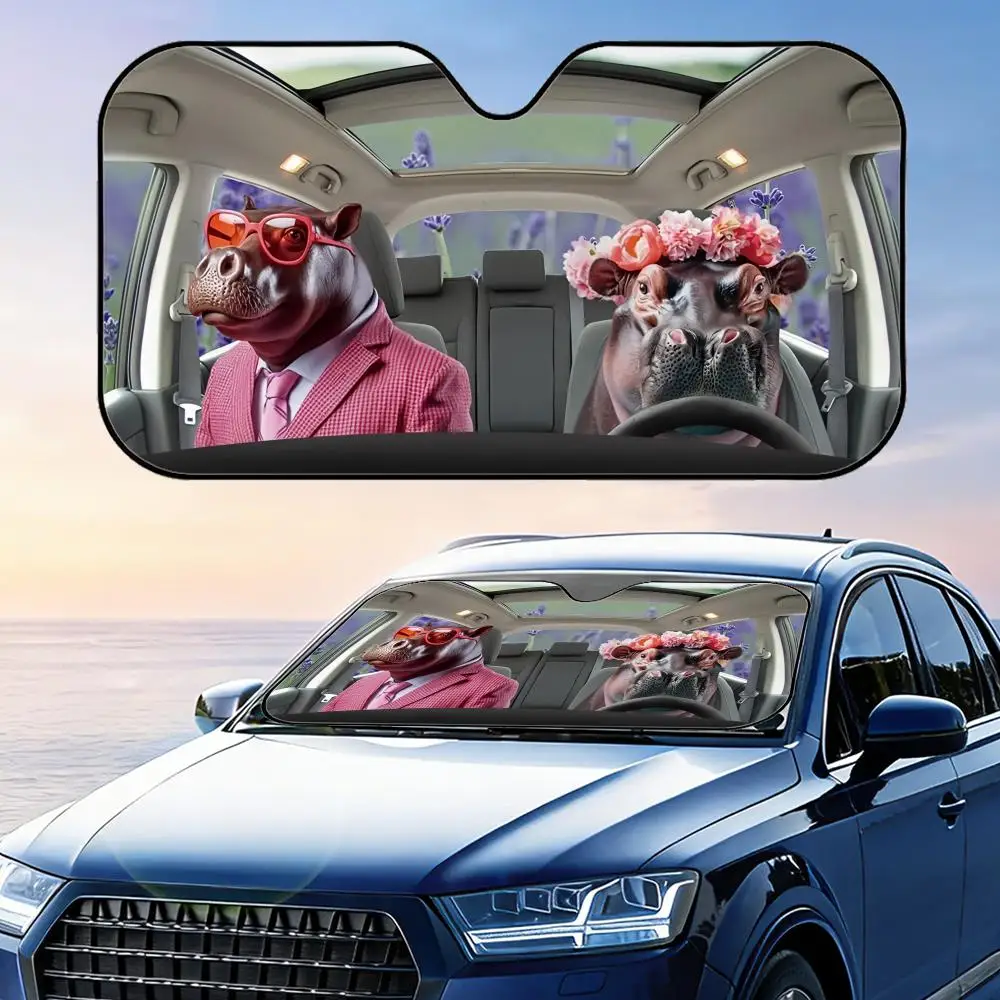 

Funny Hippo Sun Visor Reusable Aluminum Foil UV Protector Heat Three-layer Insulation Windshield Sunshades