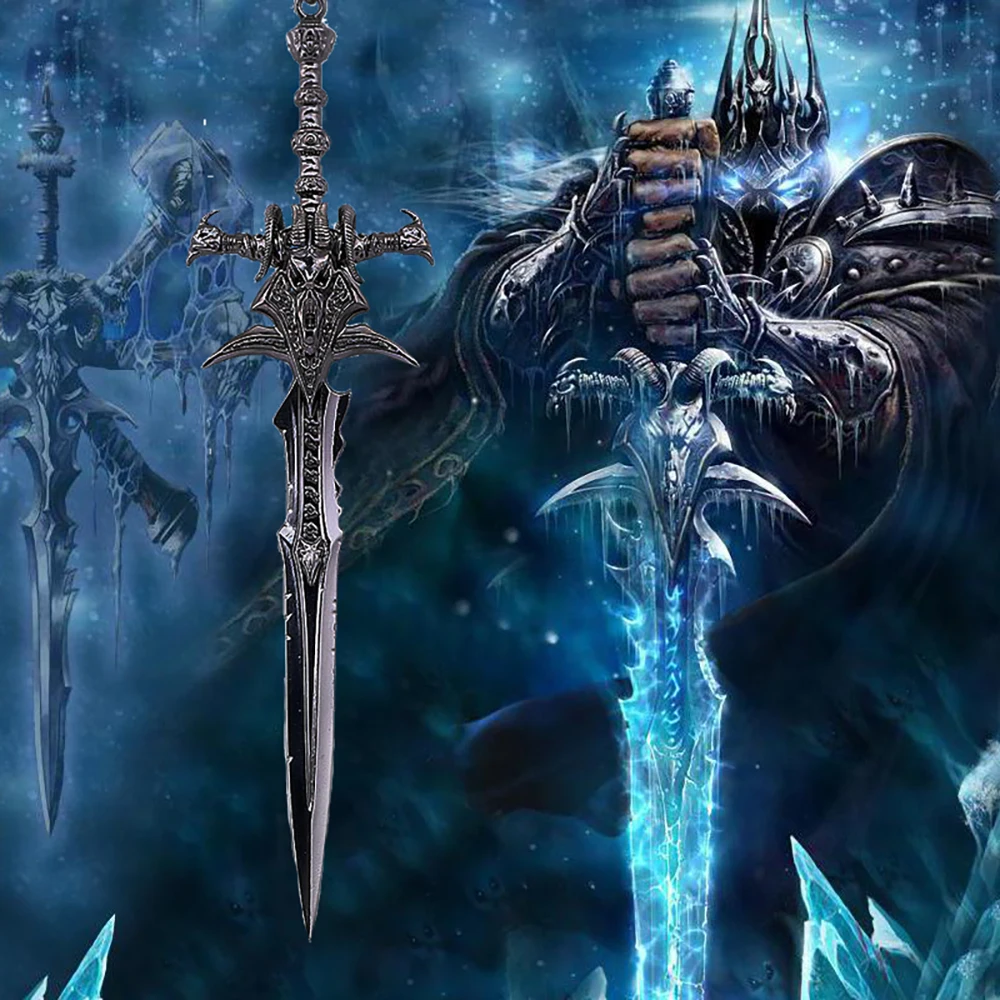 LLavero de arma de World Of Warcraft Frostmourne, espadas de cabeza de oveja de aleación de Rey Lich, llavero periférico de juego para seguidores, regalos de joyería