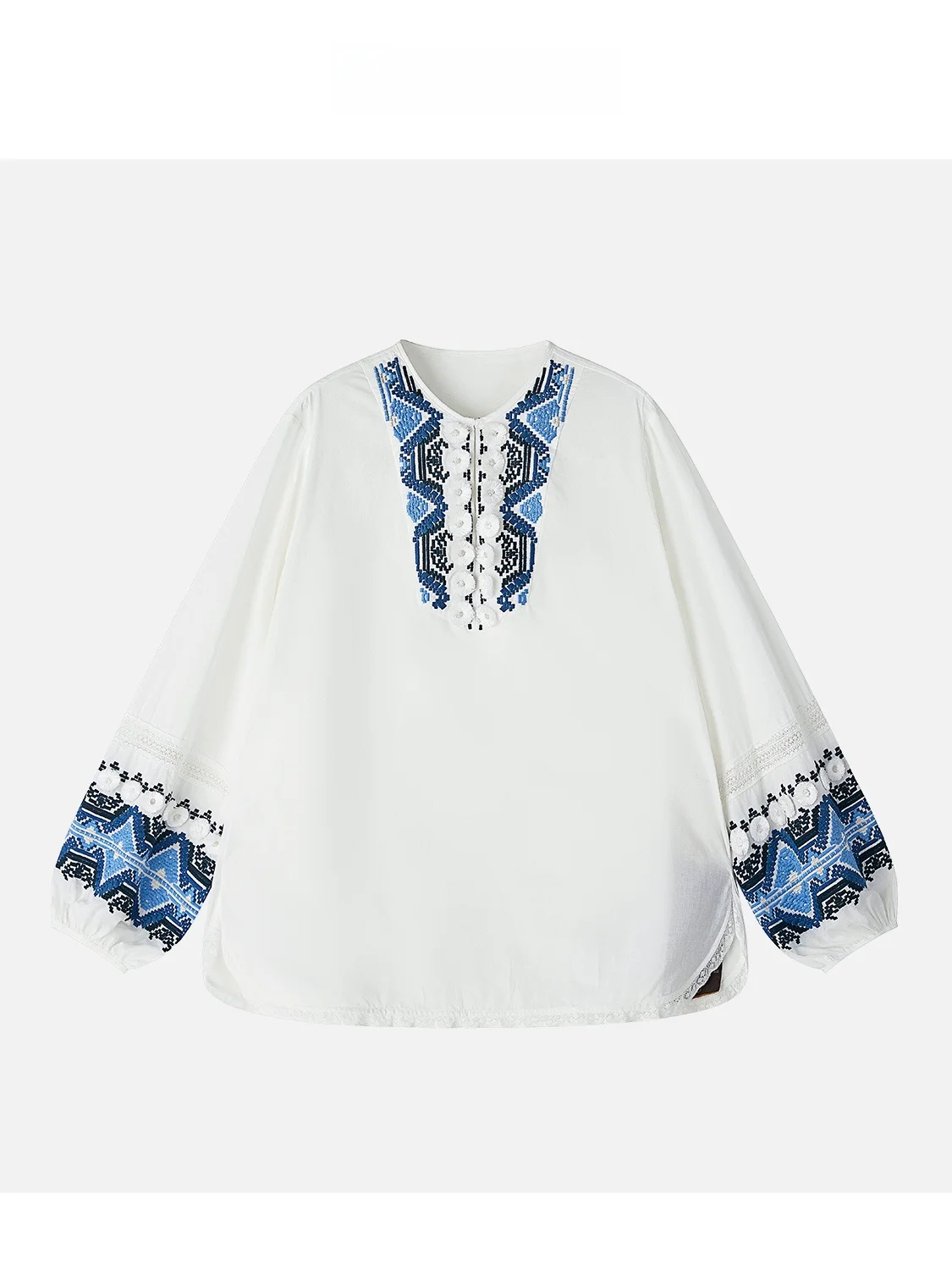 

JINGJING2025 New " Ethnicity Stripe" 3D Blue Embroidery Loose Breathable Cotton Shirt Vacation Ethnic Style Women's Shirt