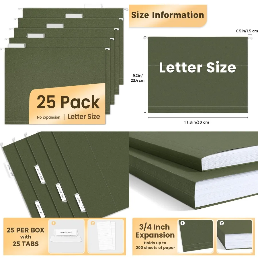 مجلدات ملفات معلقة من SUNEE مكونة من 25 قطعة من مجلدات التعليق المقواة بحجم الحروف مع علامات تبويب 1/5 قطع قابلة للتعديل مثالية لتخزين الملفات الضخمة
